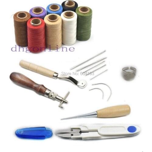 7 Pcs Hand Sewing Tools Leather Carft Stitching Kit Thread Awl Waxed Thimble Ring