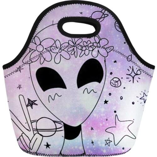 ELVISWORDS Portable Food Bag Women Cute Alien Printing Lunch Bag For Kids Girls Boys Thermal Insullate Tote Lunchbag Picnic Box