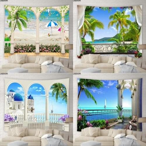 Ocean Scenery Tapestry Greece Window View Beach Palm Tree Flowers Green Plants Natural Landscape Curtain Home Decor Beach Towel
