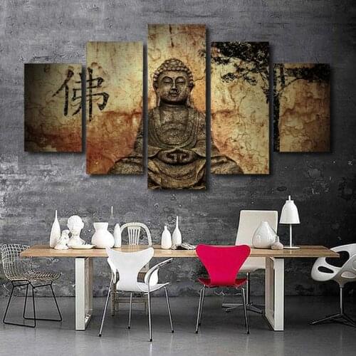 HD Prints Canvas Wall Art Pictures Home Decor Room 5 Pieces Buddha Combine Paintings Modular Vintage Zen Buddha Poster Framework