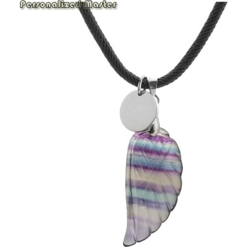 Custom Personalized Engraving Pendant Fashion Adjustable Choker Necklace with Fluorite Healing Crystals Angel Wing pendant gift