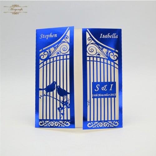 Royal blue laser cut love bird gate style wedding invitation cards