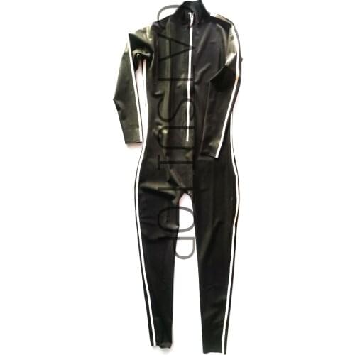 Uitop Mens Latex rubber latex catsuit with front zip in black and white
