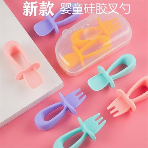 New baby training short handle fork spoon licking spoon baby learn to eat silicone spoon baby food supplement spoon