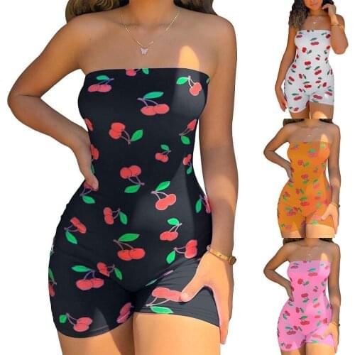 New Sexy Woman Girls Off Shoulder Strap Bodycon Cherry Print Slim Romper Playsuit High Street Clubwear Strapless Clothes