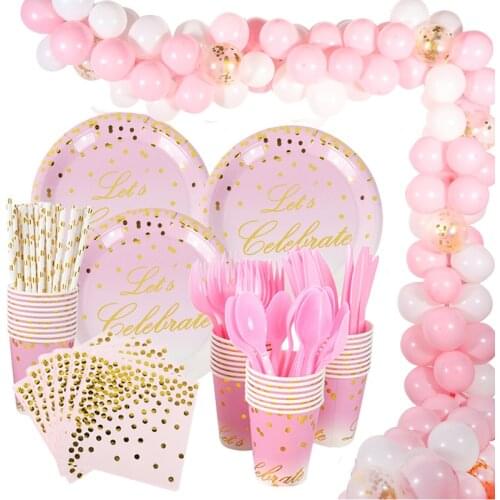 Gold Pink Let us Celebrate Print Disposable Tableware for Girl Birthday Party 1st Birthday Decor Baby Shower Girl Party Supplies