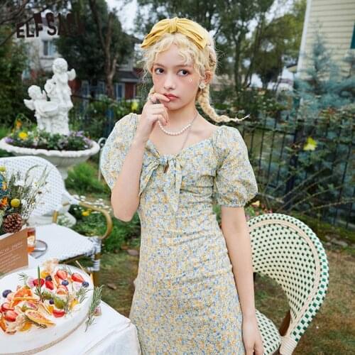 ELFSACK Floral Print Bows Front Straight Casual Vintage Dresses Women,2021 Summer Sweety Ladies Holiday Bohemia Slip Beach Dress