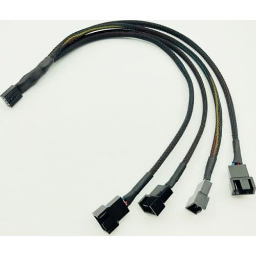 30cm Black Braided Cable Splitter One 4Pin Female Connector Splits to Four 4pin Male Connectors for PWM 3/4 Pin Computer Fan NEW
