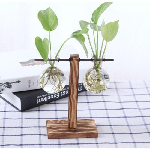 Hanging Glass Flower Vase Micro Landscape Fairy Garden Terrarium with Stand Wood, Borosilicate Heat-resistant Glass