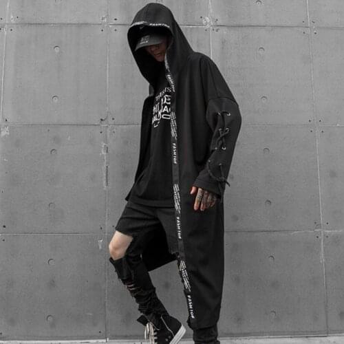 Drop shipping men autumn winter sleeves drawstring hip hop trench coat vintage long jacket man harajuku casual punk hooded cloak