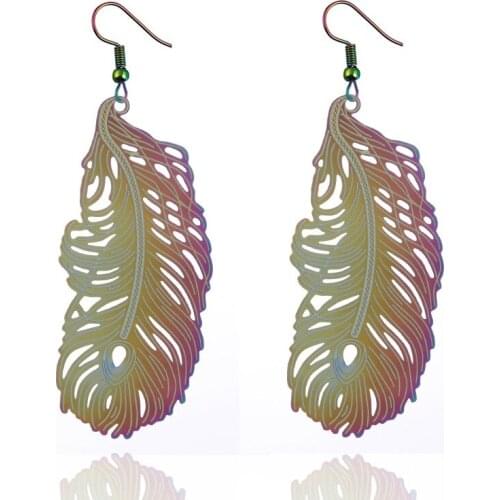 Ethnic Style Colorful Leaves Feather Earrings Ear Drop Paint Spraying Rainbow Foliage Plant Ear Accessories Earrings with Alloy