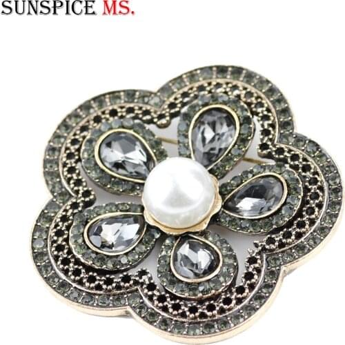 SUNSPICEMS Vintage Gray Crystal Brooch Pin Turkish Women Ethnic Wedding Jewelry Arab Hijab Scarf Broches Brooch Full Rhinestone