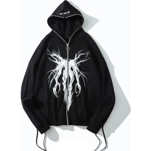 Urban Punk Graphic Print Zipper Ribbon Hooded Men Casual Black Cool Oversize Coat Hip Hop Sweatshirt Streetwear Autumn
