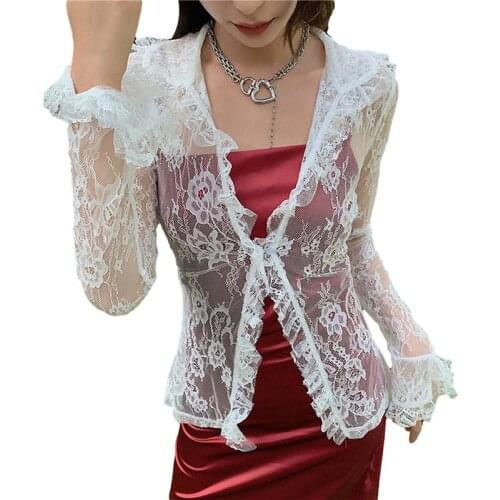 Xingqing Women Sexy Blouse See Through Y2K Mesh Cardigan Shirt Ladies Girls White Lace Long Sleeve Button Down Lace E-Girl Top