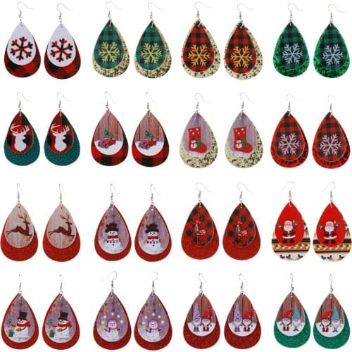2020 Wholesale Christmas Leather Earrings Cross-border Double Drop Red Green Christmas Tree Old Man Snowman Elk Earrings Female