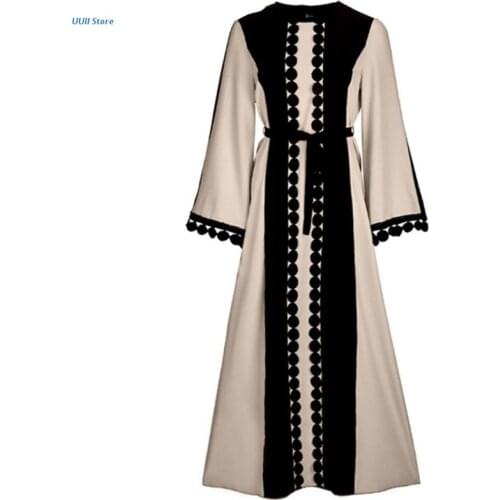 Women Muslim Maxi Dress Lace Polka Stitching Islamic Dubai Belted Robe Kaftan
