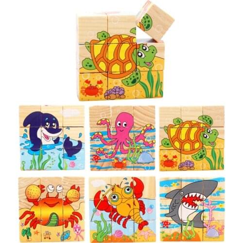 3D Puzzle Wooden Cartoon Puzzle Animal Transportation Toys 6 Sides Wooden Jigsaw Building Blocks Wooden Blocks