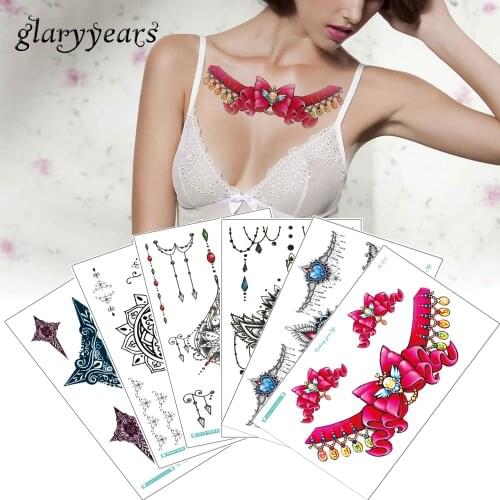 Glaryyears 5 Sheets/set Sternum Tattoo Sticker Chest Jewelry Wing Lotus Decal Temporary Tattoo Cool XT-BC Body Art Sticker Henna