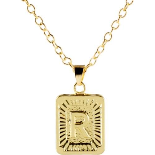 A-Z 26 Initials Letter Necklace Retro Alphabet Square Pendant Necklace Long Chain Couple Jewelry Gifts