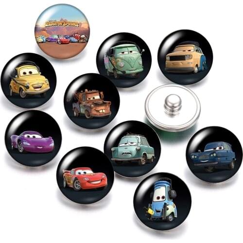 Disney Pixar McQueen Mater Jackson 10pcs Round photo glass cabochon 18mm snap buttons for 18mm snap bracelets jewelry wholesale
