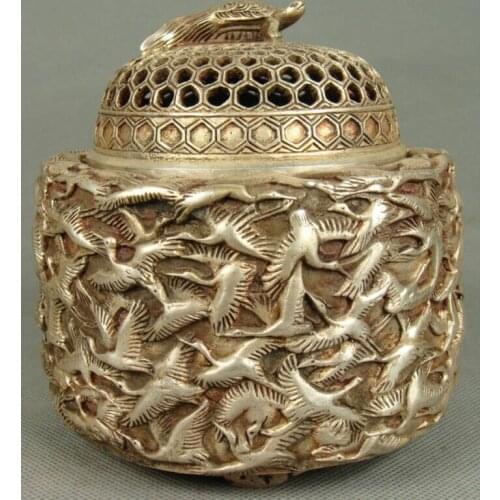 Chinese White Copper Handwork Carved Swan Incense Burner