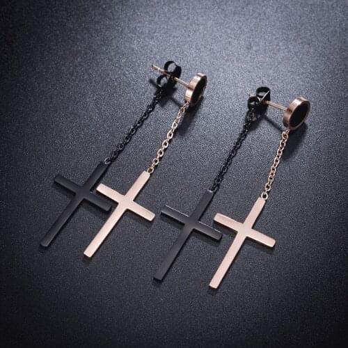 Fashion Earrings 2020 Korean Dangle Earrings Black Rose Gold Stainless Steel Cross Pendant Earrings Double Use Jewelry kolczyki