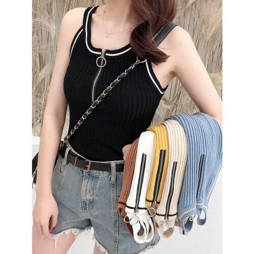 Fashion Summer Off Shoulder Women Vest Sweet Zipper Patchwork Sleeveless Knitted Tank Tops