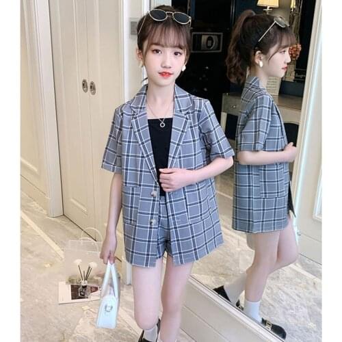 Fashion New Casual Suit Short Sleeve T-shirt+Shorts Set For Kids Clothes Girls 4 6 8 10 12 Summer Plaid Girl Clothing Outfits