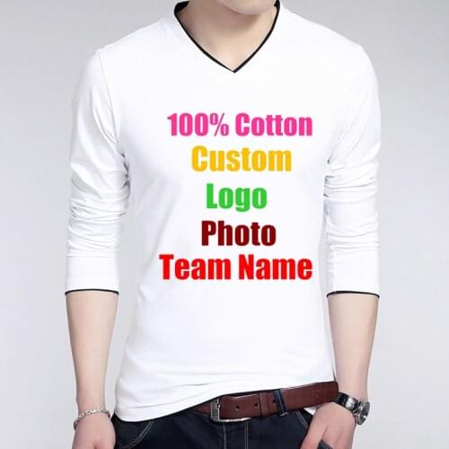 Long Sleeve V Neck Spring Autum Men T shirt Cotton Custom Make Text Photo Logo Printed Man T-shirts Tops Male Boy Rock T shirt