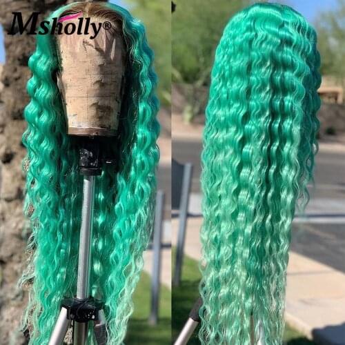 Mint Green Deep Wave 13x4 Lace Frontal Wig Pink Yellow Ombre Lace Front Human Hair Wigs Pre Plucked Remy Brazilian Hair Wigs