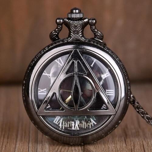 Retro Black Triangle Hollow Quartz Pocket Watch Classic Men Women Necklace Pendant Fob Watch Gifts for Men Kids