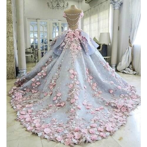 Luxury Rush Wedding Clothes Pink Flowers Smoked Ballgown Wedding Clothes Princess Bride Dress 2020 Vestido De Noiva Mariage