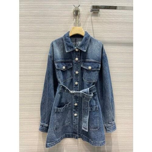 2021 Early Autumn Womens Wear New Leisure Wind Beads Diamond Buttons Loose Medium and Long Jeans Jacket