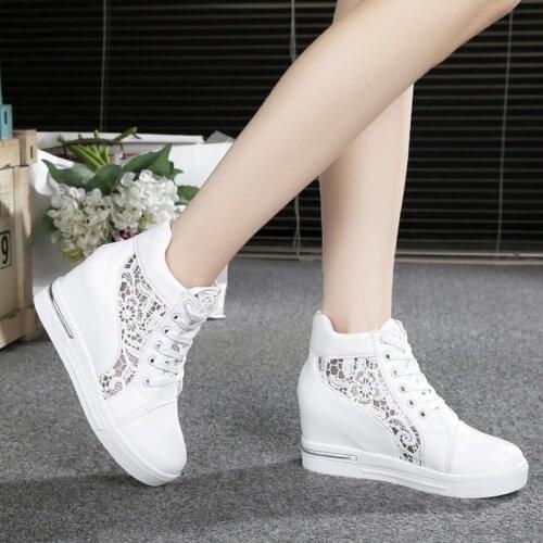 Women Wedge Platform Sneakers Rubber Leather High heels Lace Up Shoes Pointed Toe Height Increasing Creepers White 2021