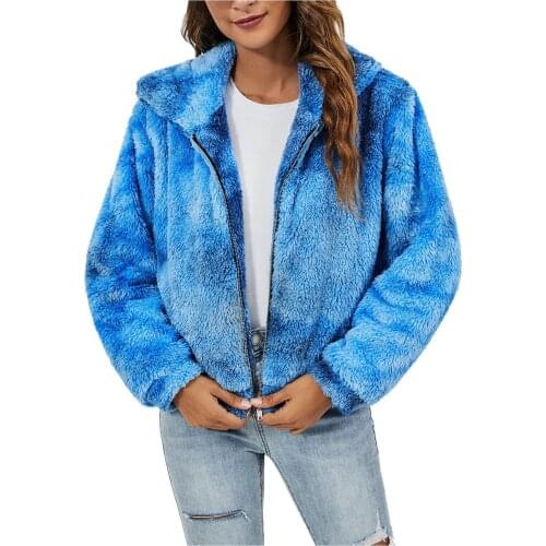 Women Tie-dye Print Coats Zipper Collar Plush Jacket Long Sleeve Cardigan Jacket Warm Coat Lady Outwear Куртка Женская Осень