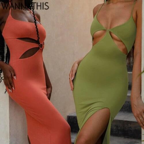 WannaThis Floral Cotton Hollow Out Sleeveless Cami Dress Women Side Split Sexy Party Dress Women Backless Mid-Calf Summer Dress