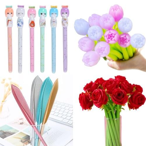 1Pcs Cute Kawaii Gel Pens Flower Cactus Feather Cat Funny Stationery Writing Ink Ballpoint Pen School Office Supply Unicorn Gift