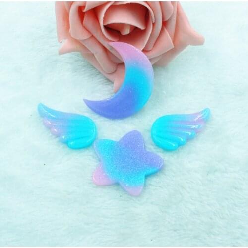 10pcs/lot flat back resin moon star wings with glitter DIY resin cabochons accessories
