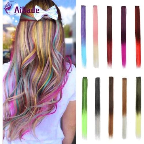 AILIADE 37 Colored 24"Long Straight Ombre Synthetic Hair Extensions Wavy Pure Clip In One Piece Strips Hairpiece For Women Girls