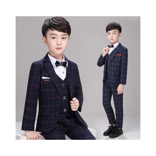 Formal Red Plaid Boys Suits 3 Piece Set Summer Autumn Children Prom Wedding Suit Blazer Oversize Kids Tuxedo Jacket Pants Vest