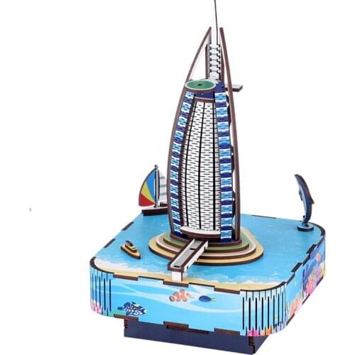 Diy Wooden 3D Jigsaw Music Box Sailing Boat Hotel Wind-up Assembly Model Building Kits Puzzle Creative Toys for Kids Xmas Gifts