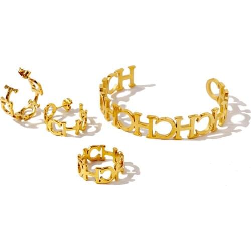 Hot Supply High Quality Openwork CH Linked Design Stainless Steel Bangle Earrings Ring Sets Jewelry For Women Men