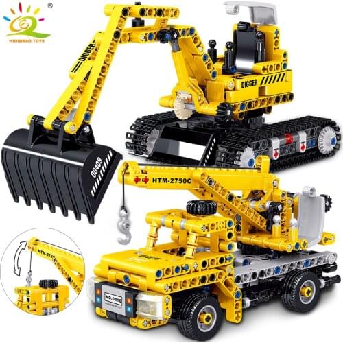 HUIQIBAO Engineering Technical Crawler Excavator Truck Building Blocks City Construction Autocrane Crane Truck Bricks Toys Child