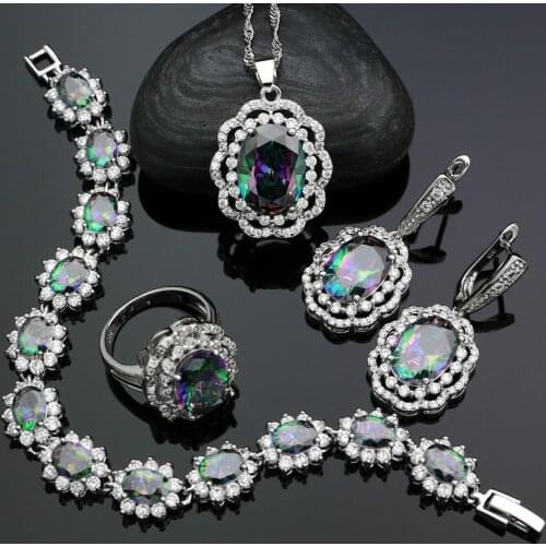 Rainbow Cubic Zirconia 925 Sterling Silver Jewelry Sets For Women Accessories Silver Set Earrings/Ring/Bracelet/Necklace/Pendant