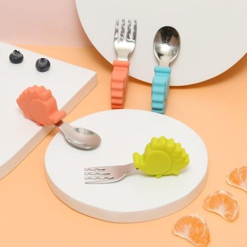 Short Handle Baby Cartoon Stainless Steel Spoon Fork Learn to Eat Hedgehog Gadget Dinnerware Infant Food Feeding Set