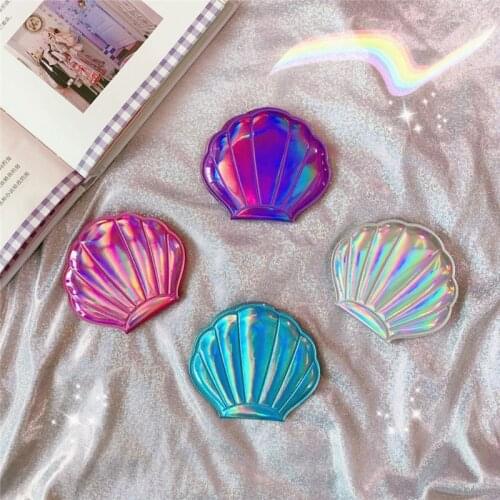 Creative Sea Shell Shaped Holographic Rainbow Colored Magnifying Compact Cosmetic Double Sided Folding Pocket Mirror Portable