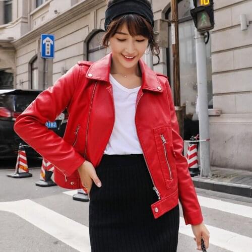 2019 Spring Autumn New Red Leather Jacket Women Casual Long Sleeved Zipper Short Biker Coats Ladies Fashion Faux Leather Coats