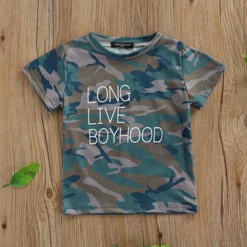Summer Little Boys T-shirt Creative Camouflage Letter Printing Short Sleeve Round Collar Tops Children Casual Clothes
