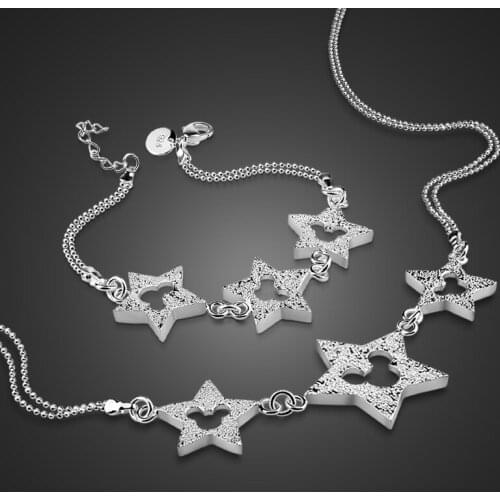 Fashion Silver Ladies Jewelry 925 Silver Set bracelet/Necklace Cute Style Star Pendant Design Solid Silver Jewelry Birthday Gift