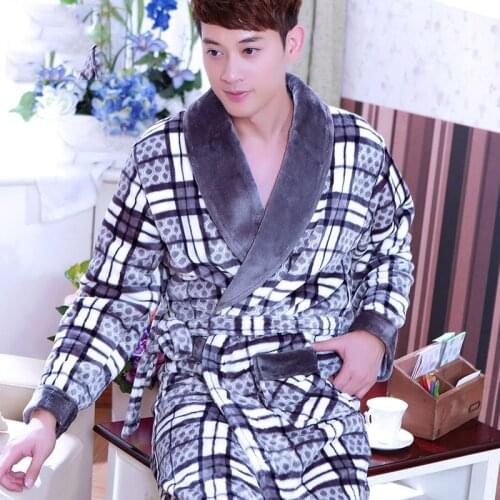 Soft Flannel Coral Fleece Mens Warm Full Sleeve Super Long Bath Robe Male Kimono Bathrobe Dressing Gown Robes for Autumn Winter